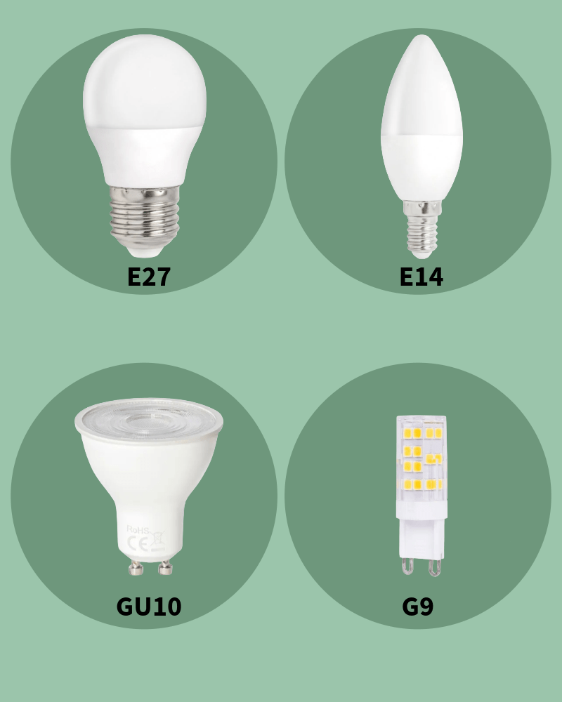 Overzicht van veelvoorkomende lampfittingen: E27, E14, GU10 en G9, essentieel voor een perfecte lampkeuze.