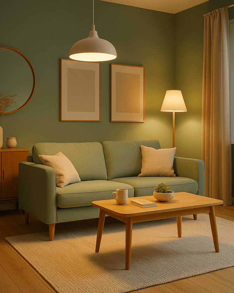 Gezellige woonkamer met warme verlichting, benadrukt het belang van het kiezen van de juiste lamp per ruimte.