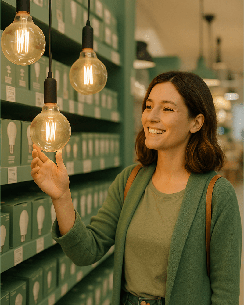 Vrouw glimlacht terwijl ze een lamp kiest in een verlichte winkel, klaar om haar keuze te maken.
