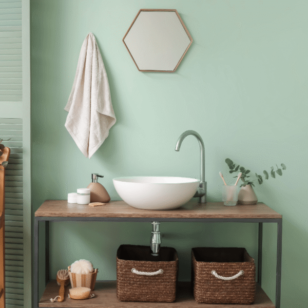 Stijlvolle badkamer met groene muur en moderne waskom