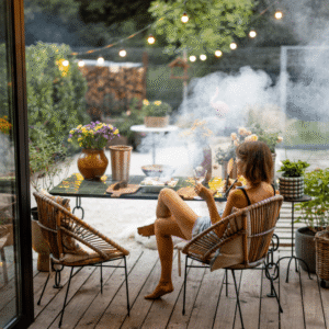 Buitenruimte met vrouw die ontspant bij sfeerverlichting en barbecue