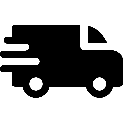 Icoon van een rijdende vrachtwagen met de tekst ‘Snelle en betrouwbare levering’.