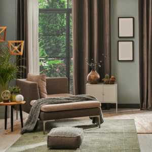 Moderne woonkamer met warme sfeerverlichting en gezellige zitruimte