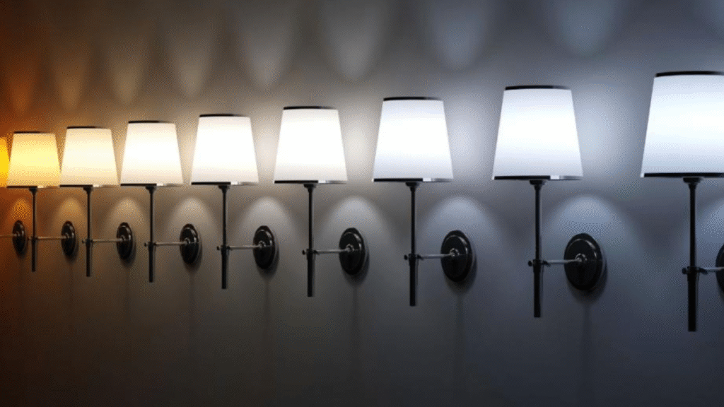 Lichtsterkte en kleurtemperatuur kiezen: Wandlampen in een rij tonen het verschil in lichtsterkte en kleurtemperatuur kiezen, van warm oranje tot helder koel wit licht.
