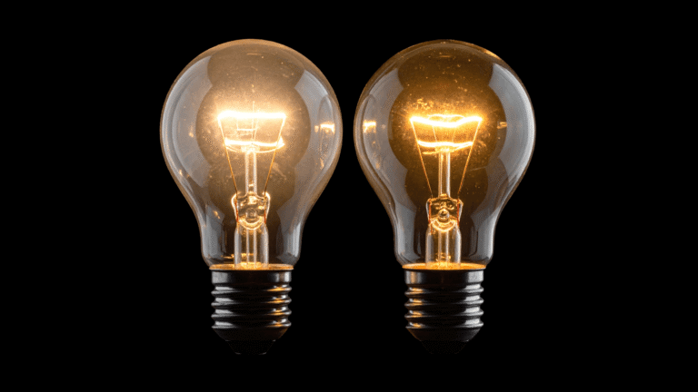 Twee gloeilampen naast elkaar op zwarte achtergrond, links minder fel en rechts feller, ter illustratie van watt naar lumen
