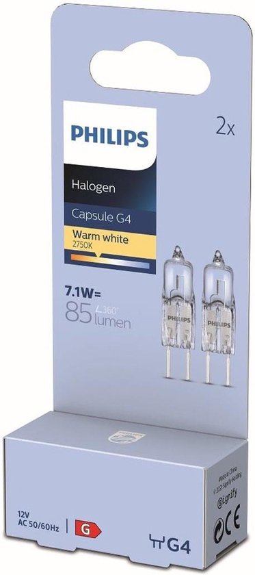 Philips Mini Halogeenlamp G4 - 7W - Warm wit licht (2700K) - - lumen - 2 jaar - Dimbaar