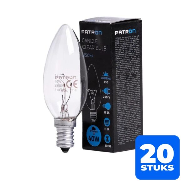 6153132234264-20x-patron-e14-kaars-gloeilamp-40w-2700k-330lm-dimbaar 20x Patron E14 Kaars Gloeilamp | 40W 2700K 330Lm | Dimbaar