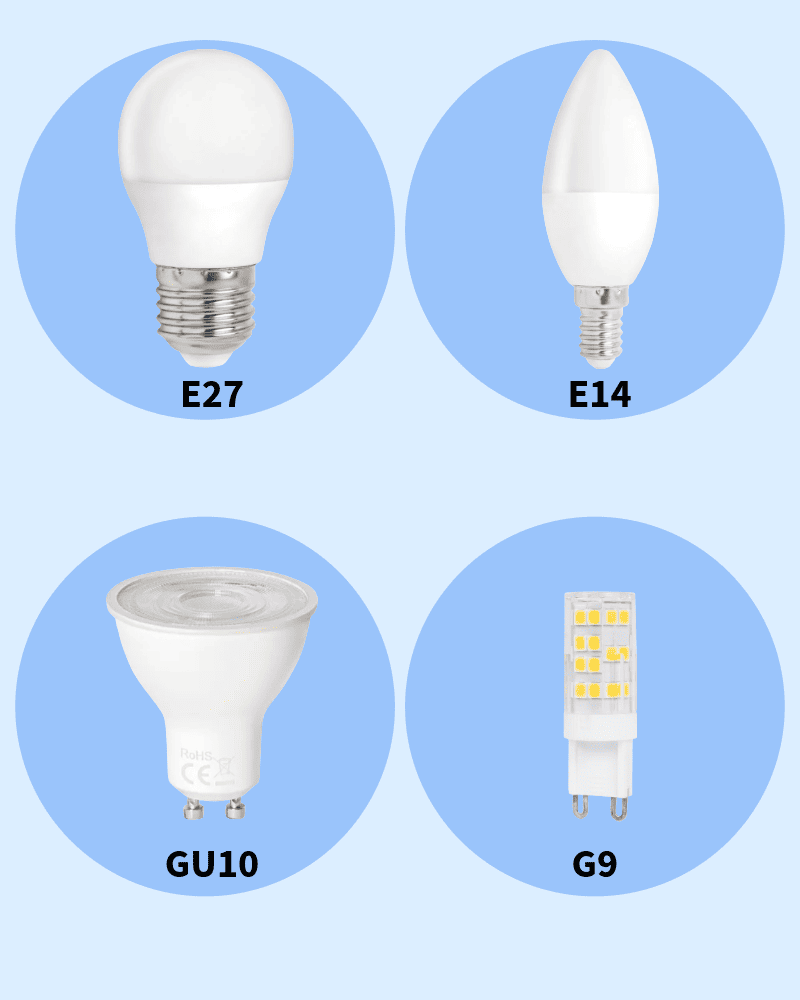 Overzicht van veelvoorkomende lampfittingen: E27, E14, GU10 en G9, essentieel voor een perfecte lampkeuze.
