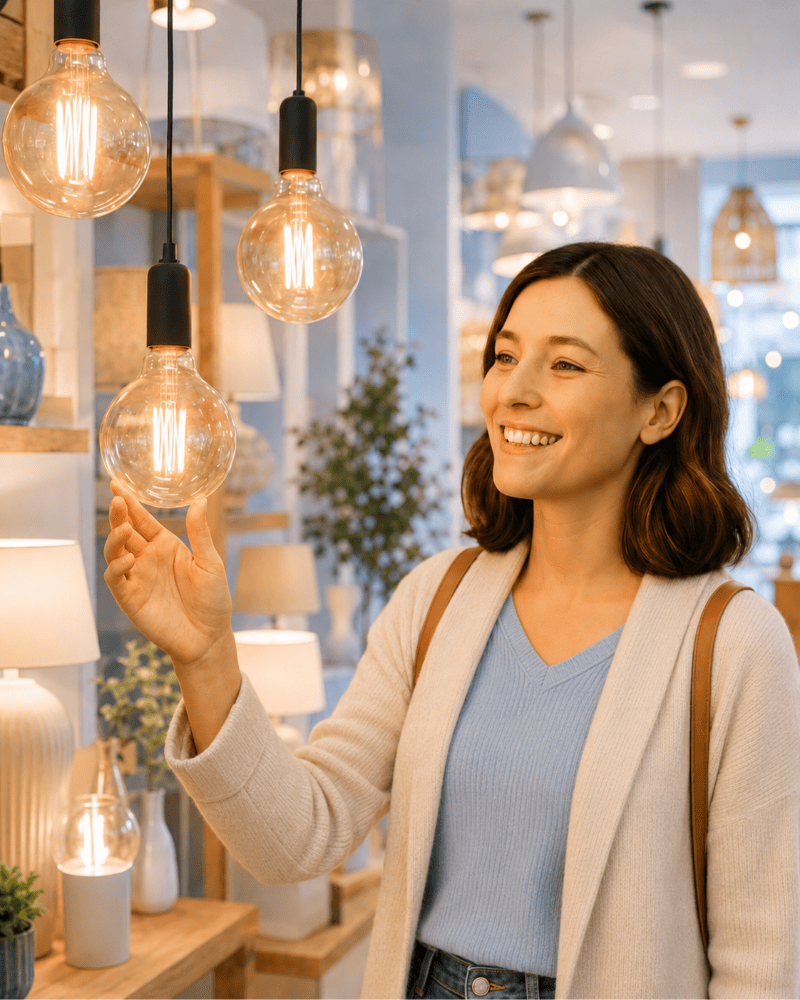 Vrouw glimlacht terwijl ze een lamp kiest in een verlichte winkel, klaar om haar keuze te maken.