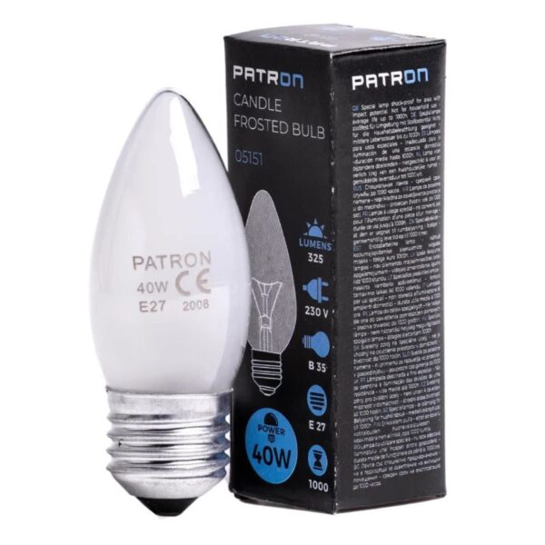 393702_mw_800_mh_800-2.jpg Patron E27 Kaars Gloeilamp | 40W 2700K 325Lm Mat | Dimbaar