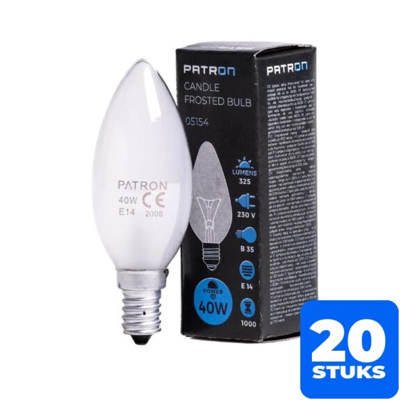 6153156277292-20x-patron-e14-kaars-gloeilamp-40w-2700k-325lm-mat-dimbaar 20x Patron E14 Kaars Gloeilamp | 40W 2700K 325Lm Mat | Dimbaar