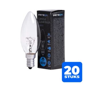 6156253038094-20x-patron-e14-kaars-gloeilamp-60w-2700k-550lm-dimbaar 20x Patron E14 Kaars Gloeilamp | 60W 2700K 550Lm | Dimbaar