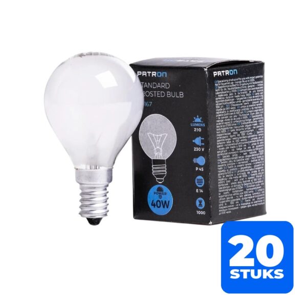 6156253143187-20x-patron-e14-kogel-gloeilamp-40w-2700k-290lm-mat-dimbaar 20x Patron E14 Kogel Gloeilamp | 40W 2700K 290Lm Mat | Dimbaar