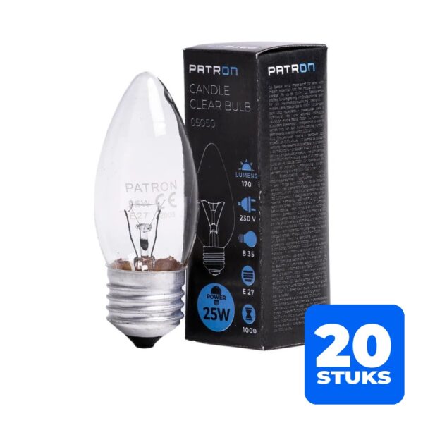 6156254375310-20x-patron-e27-kaars-gloeilamp-25w-2700k-170lm-dimbaar 20x Patron E27 Kaars Gloeilamp | 25W 2700K 170Lm | Dimbaar