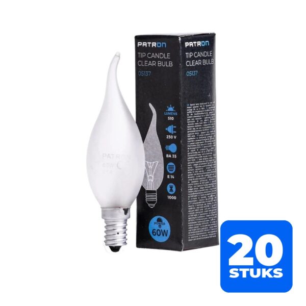 6156254767702-20x-patron-e14-tip-kaars-gloeilamp-60w-2700k-510lm-mat-dimbaar 20x Patron E14 Tip Kaars Gloeilamp | 60W 2700K 510Lm Mat | Dimbaar