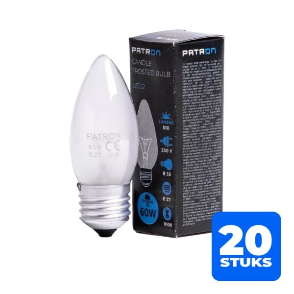20x Patron E27 Kaars Gloeilamp | 60W 2700K 510Lm Mat | Dimbaar
