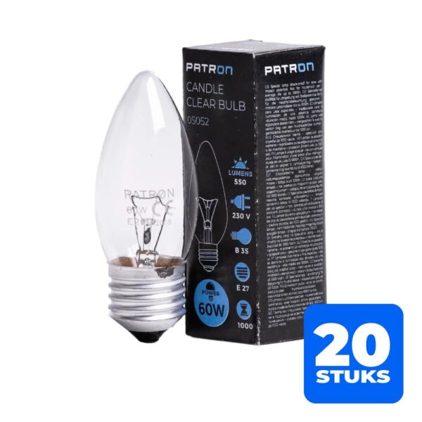 20x Patron E27 Kaars Gloeilamp | 60W 2700K 550Lm | Dimbaar