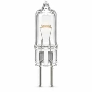 Heldere mini-halogeenlamp met zichtbare gloeidraad en twee rechte GY6.35-pinnen op een witte achtergrond.