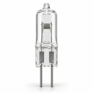 Heldere mini-halogeenlamp met zichtbare gloeidraad en twee rechte GY6.35-pinnen op een witte achtergrond.
