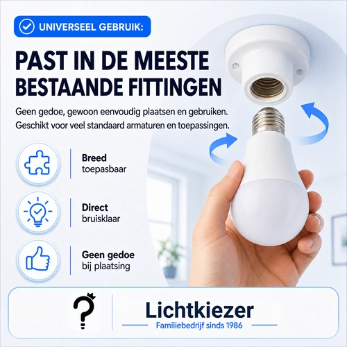 Een passende lamp voor je armatuur | Lichtkiezer Hand met een lamp en pictogrammen over een passende lichtbron voor een armatuur.