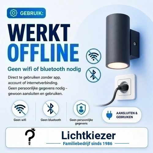 Verlichting zonder wifi of Bluetooth bedienen | Lichtkiezer Lamp en pictogrammen met uitleg over bediening zonder wifi, Bluetooth of account.