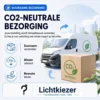 Visual over CO2-neutrale bezorging | Lichtkiezer Bestelbus, pakket en CO2-symbolen als uitleg over CO2-neutrale bezorging.