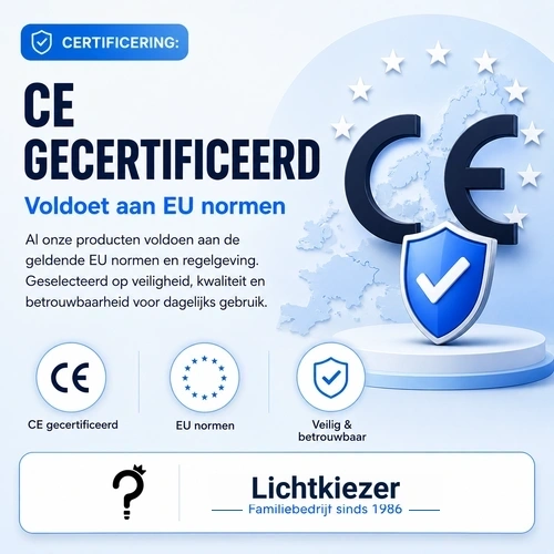 CE-markering en EU-normen | Lichtkiezer CE-teken, Europese sterren en een schild met vinkje in een informatievisual.