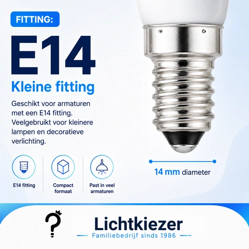 E14 schroeffitting met aanduiding van de diameter van 14 mm.