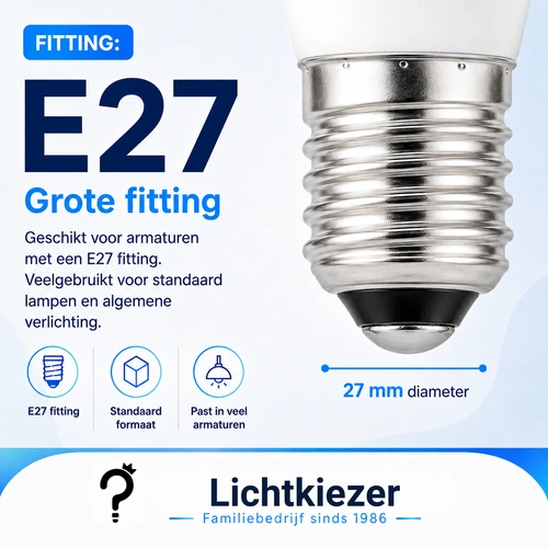 E27 fitting – grote schroeffitting | Lichtkiezer E27 schroeffitting met aanduiding van de diameter van 27 mm.