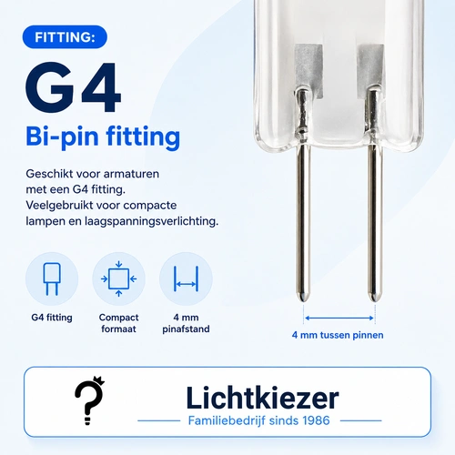 G4 steekfitting met twee pinnen en een pinafstand van 4 mm.