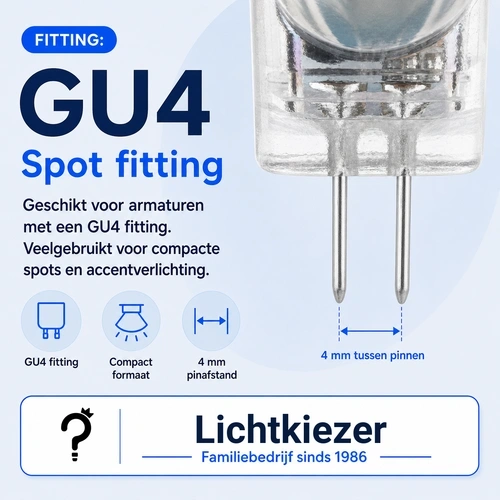 GU4 spotfitting met twee pinnen en een gemarkeerde pinafstand van 4 mm.