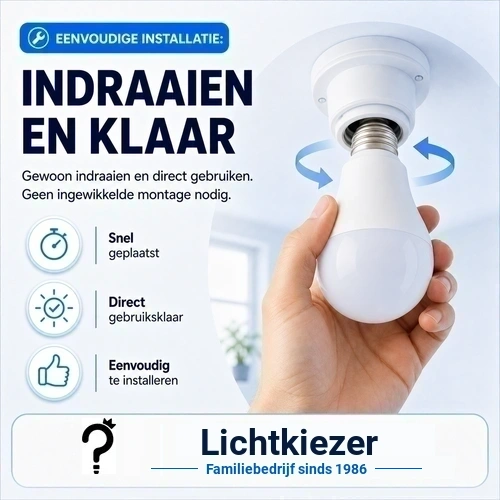 Lamp indraaien en installeren | Lichtkiezer Hand draait een lamp in een schroeffitting, naast installatiepictogrammen.