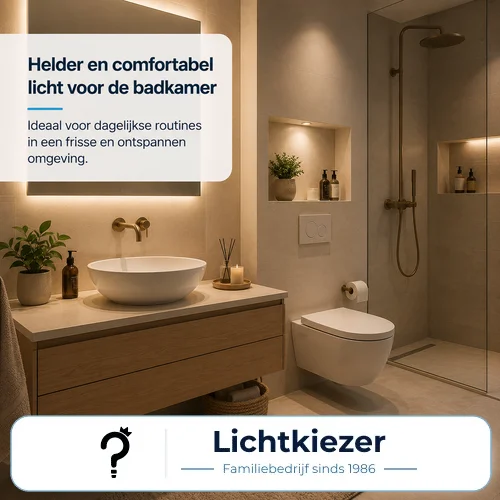 Badkamerverlichting | Lichtkiezer Badkamer met verlichte spiegel, wastafel en inloopdouche.