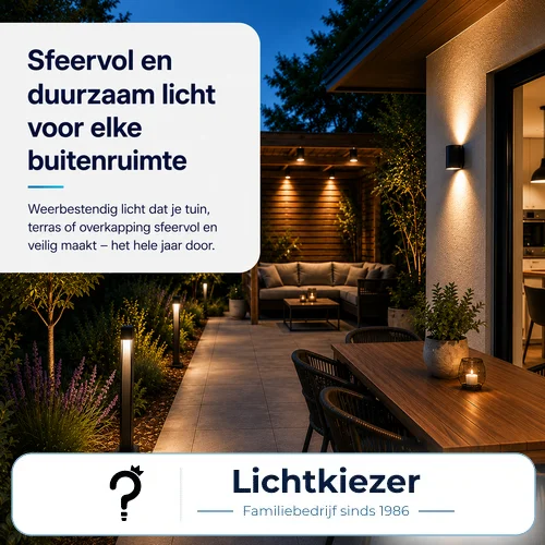 Verlichting voor tuin en terras | Lichtkiezer Verlichte tuin en terras met wandlampen, padverlichting en een overkapping.