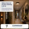Verlichte hal met plafondlamp, wandlamp en een spiegel naast de voordeur.