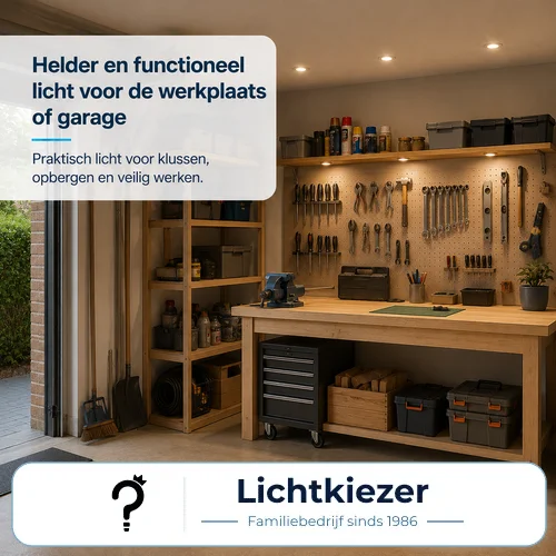 Verlichting voor werkplaats en garage | Lichtkiezer Werkbank met gereedschap, opbergkasten en functionele werkverlichting.