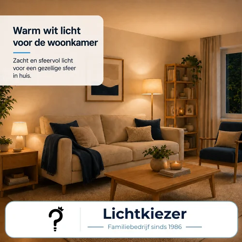 Woonkamer met bank, tafellampen en een staande lamp in warm licht.