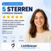 Visual over klantbeoordelingen en vijf sterren | Lichtkiezer Visual met vijf sterren, een klantportret en tekst over een klantbeoordeling.