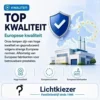 Kwaliteit en Europese normen | Lichtkiezer Kwaliteitsvisual met fabriek, Europese sterren en een schild met vinkje.