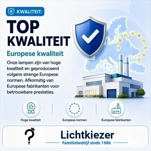 Kwaliteit en Europese normen | Lichtkiezer Kwaliteitsvisual met fabriek, Europese sterren en een schild met vinkje.