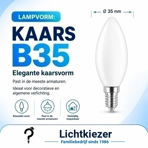 Kaarsvormige B35 lamp met een aangeduide diameter van 35 mm.