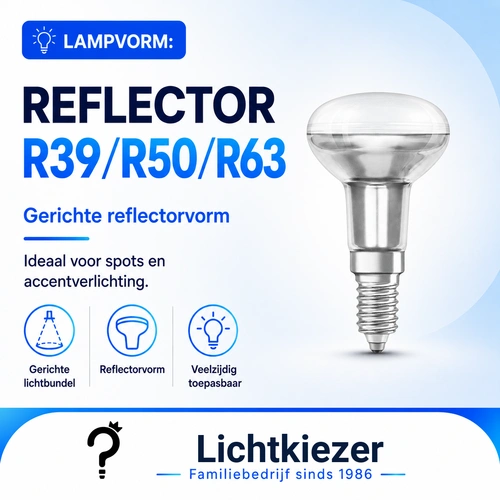 Reflectorlamp met de vormaanduidingen R39, R50 en R63.