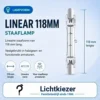 Lineaire staaflamp met een gemarkeerde lengte van 118 mm.