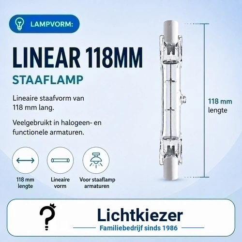 Lineaire staaflamp met een gemarkeerde lengte van 118 mm.