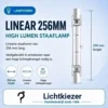 Lineaire staaflamp met een gemarkeerde lengte van 256 mm.