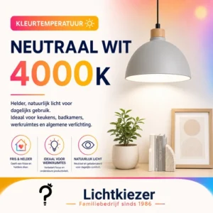 Infographic over neutraal wit licht van 4000 kelvin met een verlichte ruimte.