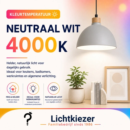Neutraal wit licht 4000K | Lichtkiezer Infographic over neutraal wit licht van 4000 kelvin met een verlichte ruimte.