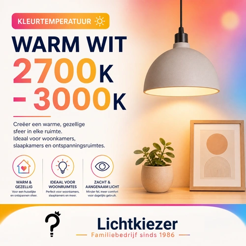 Infographic over warm wit licht van 2700 kelvin met een sfeervolle ruimte.