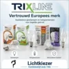 Trixline lampen en productverpakkingen met het Trixline-logo.