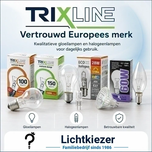 Trixline lampen en productverpakkingen met het Trixline-logo.